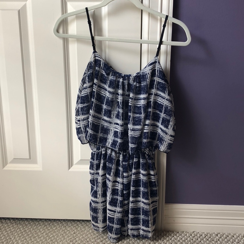 Blue and White square pattern romper